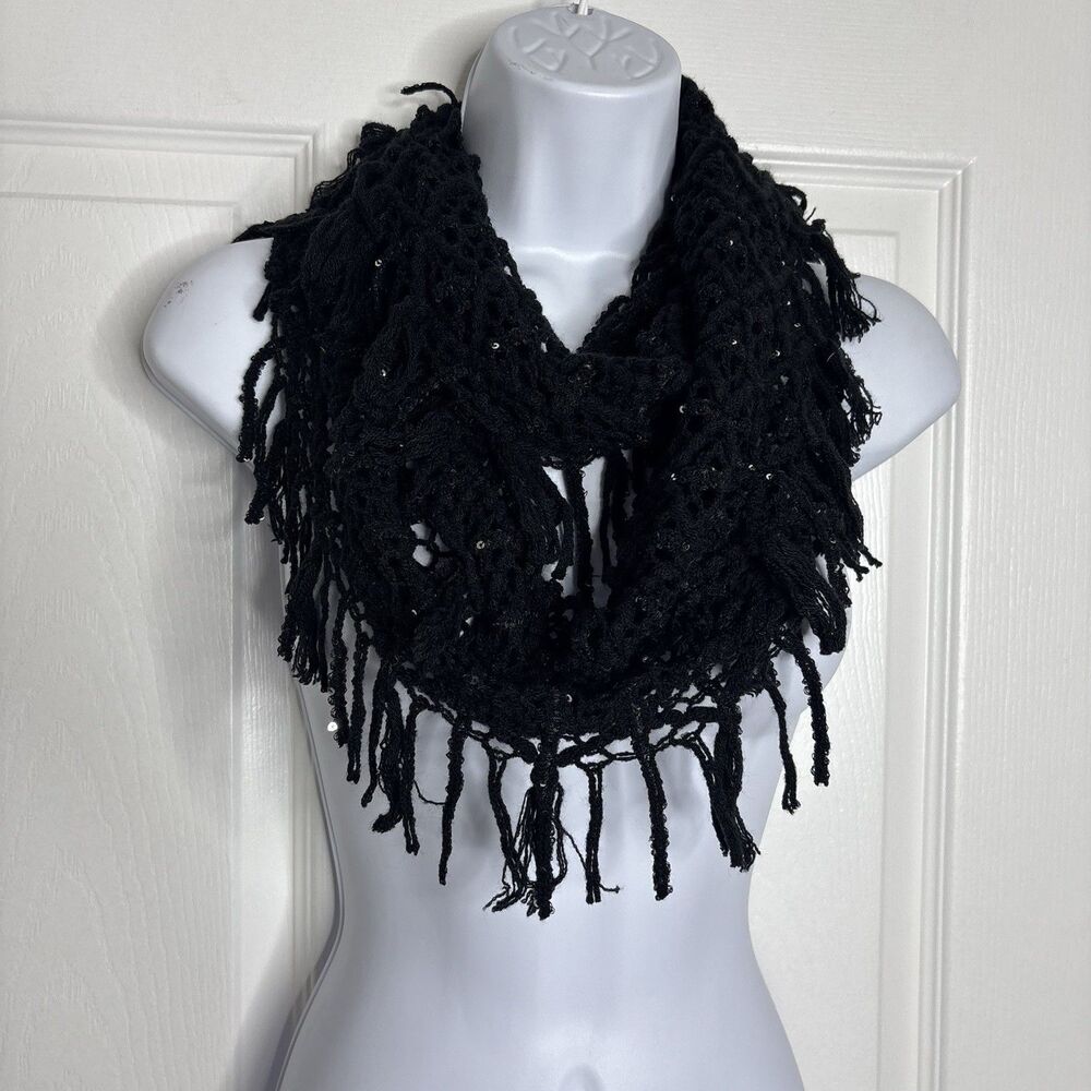 Black Fringe Sequin Crochet Infinity Scarf Boho Festival Statement